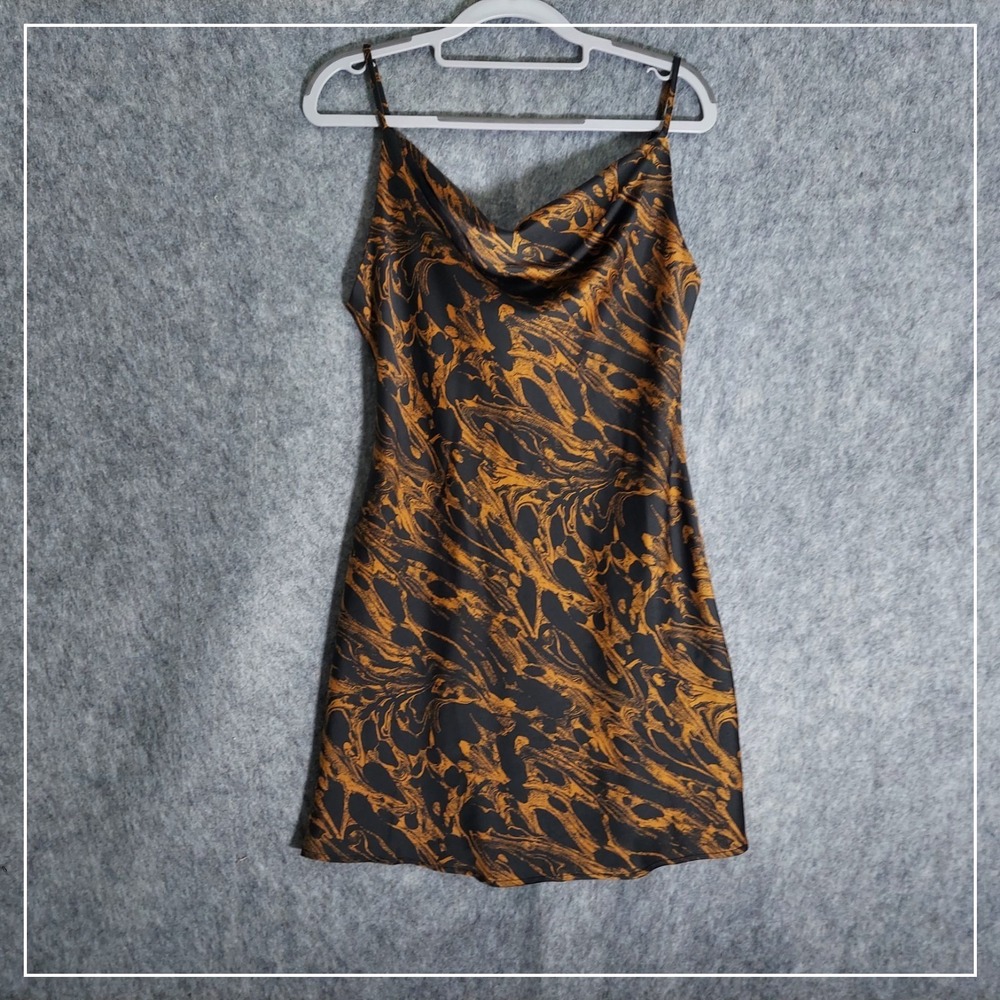 Urban outfitters Dress Women M Black Gold Marble Satin Cowl Neck Slip Mini Dress